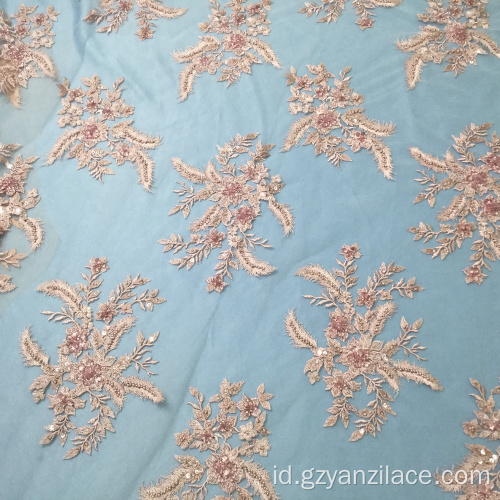 Oranye Berat Pekerjaan Tangan Beaded Embroidery Lace Fabric